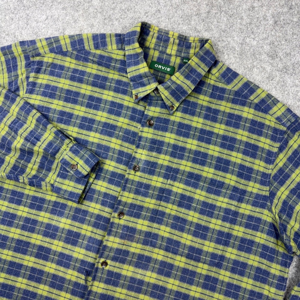 Orvis Flannel Shirt Mens 2XL Blue Green Plaid Luxury Button Down Fishing Outdoor